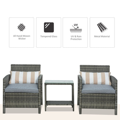 3 Pieces Rattan Bistro Set, Wicker Garden Furniture Set, Glass Top 2-tier Coffee Table and Chairs Set
