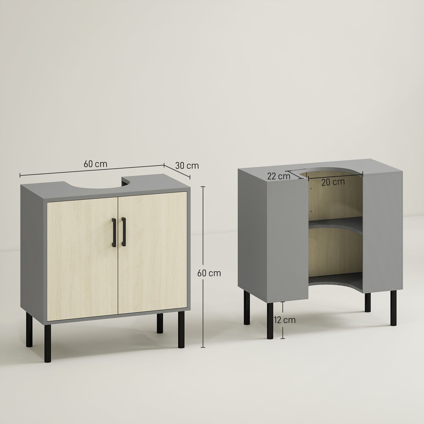 Under Sink Cabinet, Bathroom Vanity Unit, Storage Cupboard with Double Doors and Storage Shelves, 60x30x60cm, Natural