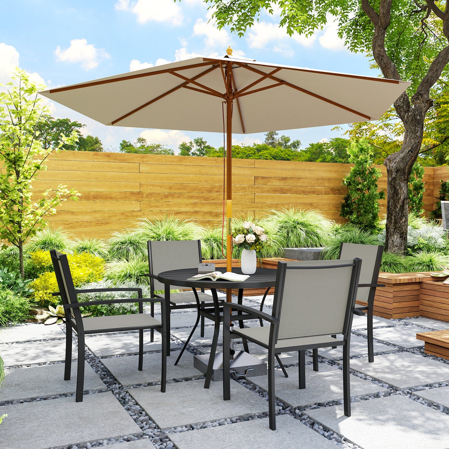 5 Piece Garden Furniture Set, Garden Dining Set with Round Table and 4 Stackable Chairs, Steel Frame, for Outdoor, Patio