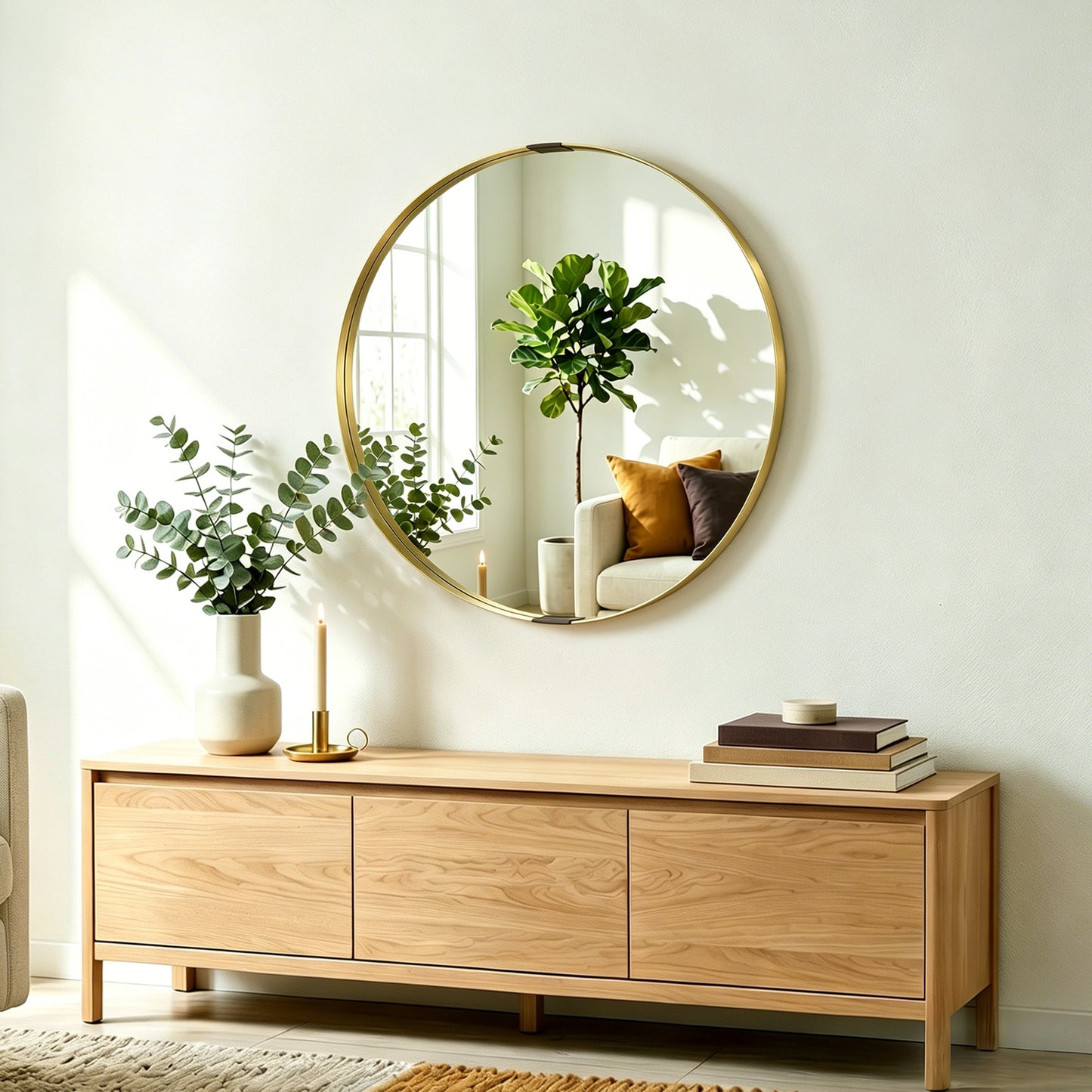 Round Wall Mirror 61 cm, Wall Mounted Bathroom Mirror with Tempered Safety Glass and Aluminium Alloy Frame, Gold Tone