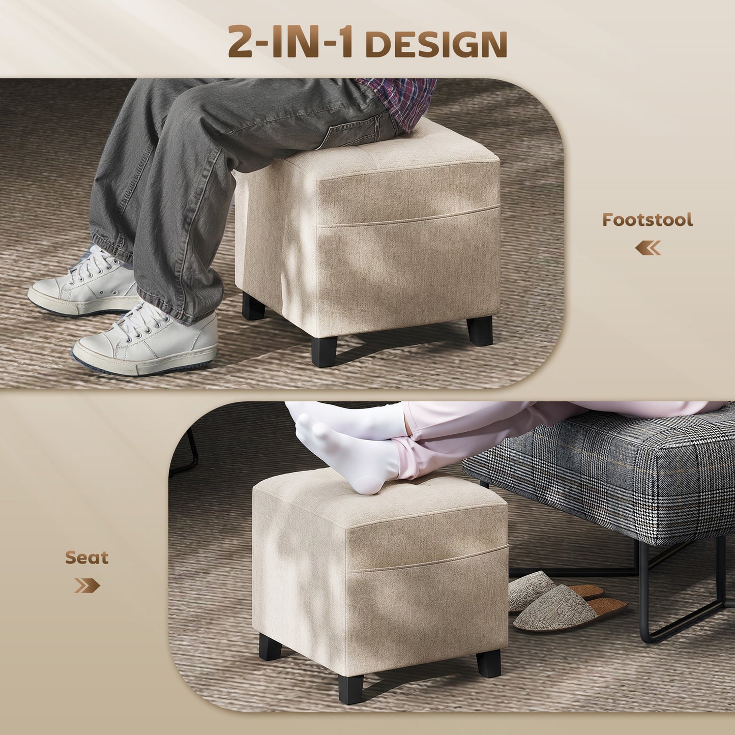 Small Ottoman, Square Footstool with Side Pocket, Rubber Wood Legs and Padded Seat for Living Room, Beige