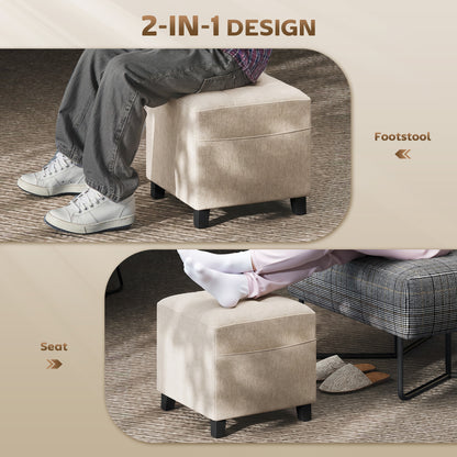 Small Ottoman, Square Footstool with Side Pocket, Rubber Wood Legs and Padded Seat for Living Room, Beige