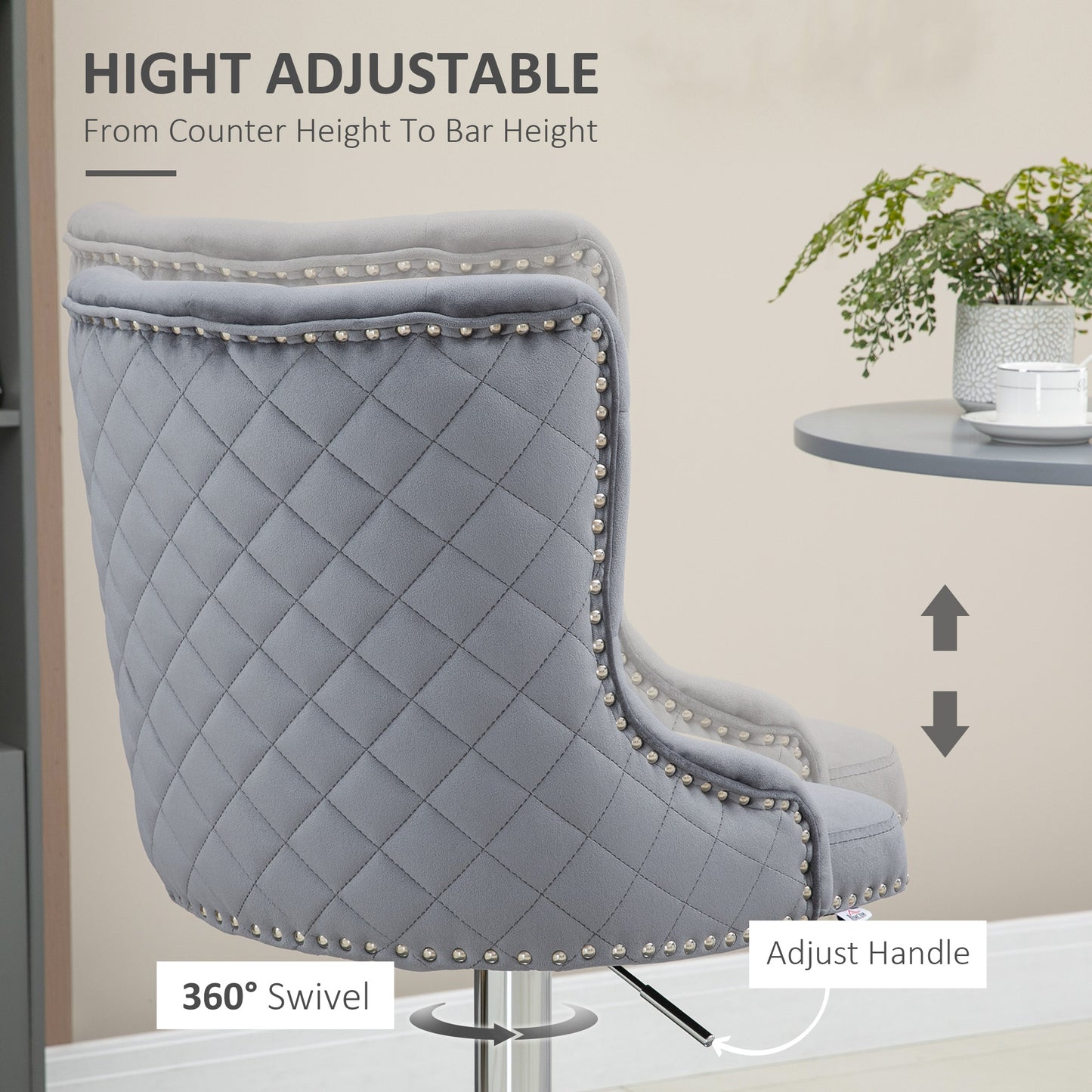 Bar Stools Set of 2, Modern Swivel & Adjustable Velvet Barstools with Button-Tufted Back, Footrest for Home Bar, Grey