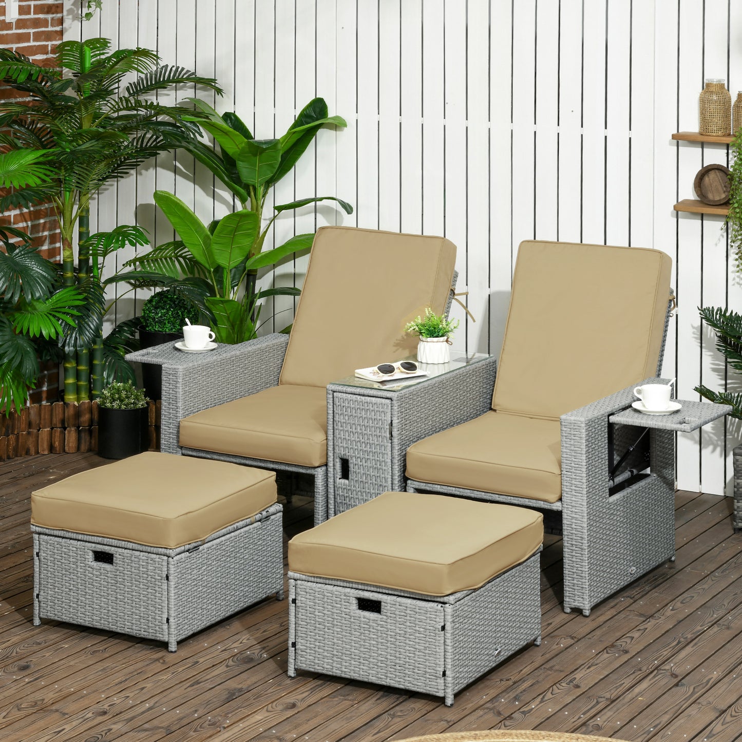 5PC PE Rattan Sun Lounger, Outdoor Wicker 5-level Adjustable Recliner Sofa Bed with Storage Side Table and Footstools