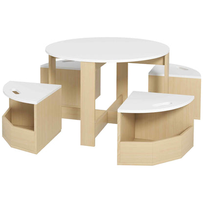 Five-Piece Kids Table and Chairs Set with Storage, for Ages 3-8 Years, White