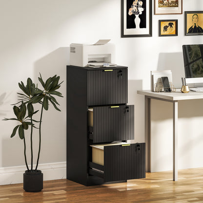 Filing Cabinet, Fluted Vertical File Cabinet with 3 Lockable Drawers and Hanging Rails, Black