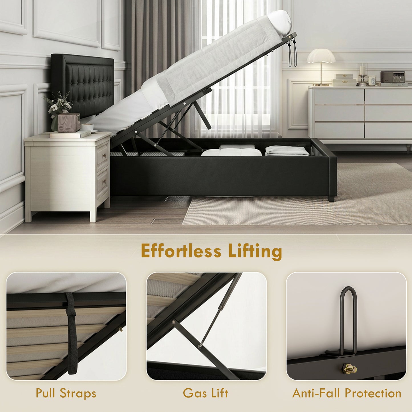 PU Leather King Size Ottoman Bed Frame, with Front Drawer - Black