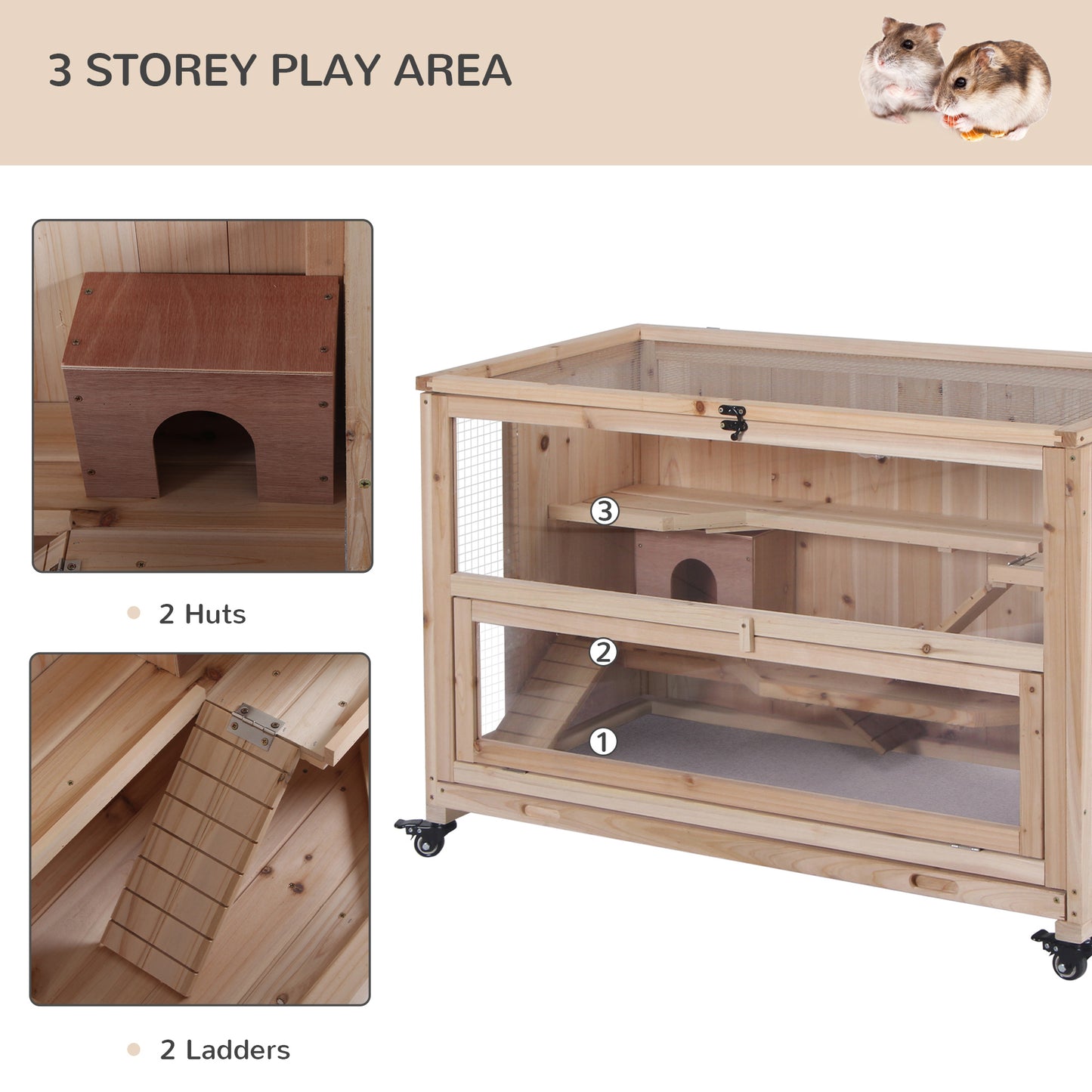 Wooden Hamster Cage, Mice Rodent Small Animals Kit Hutch, 3 Tiers Exercise Play House, with Wheels, Bottom Tray