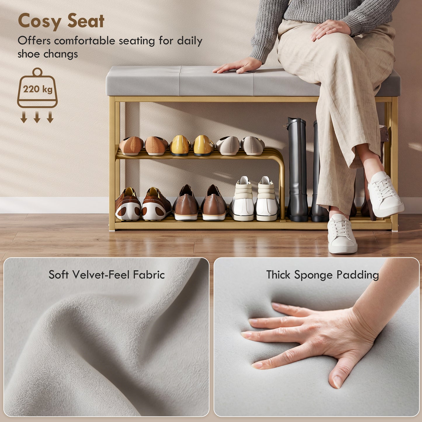 Bench and Shoe Storage, Tufted Shoe Storage Bench with Velvet Seat Cushion Gold Steel Frame for Entryway, Grey
