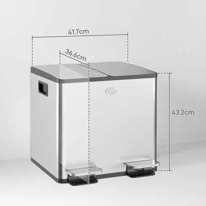 30L Dual Compartment Stainless Steel Bin, with Deodoriser Holders - Silver Tone