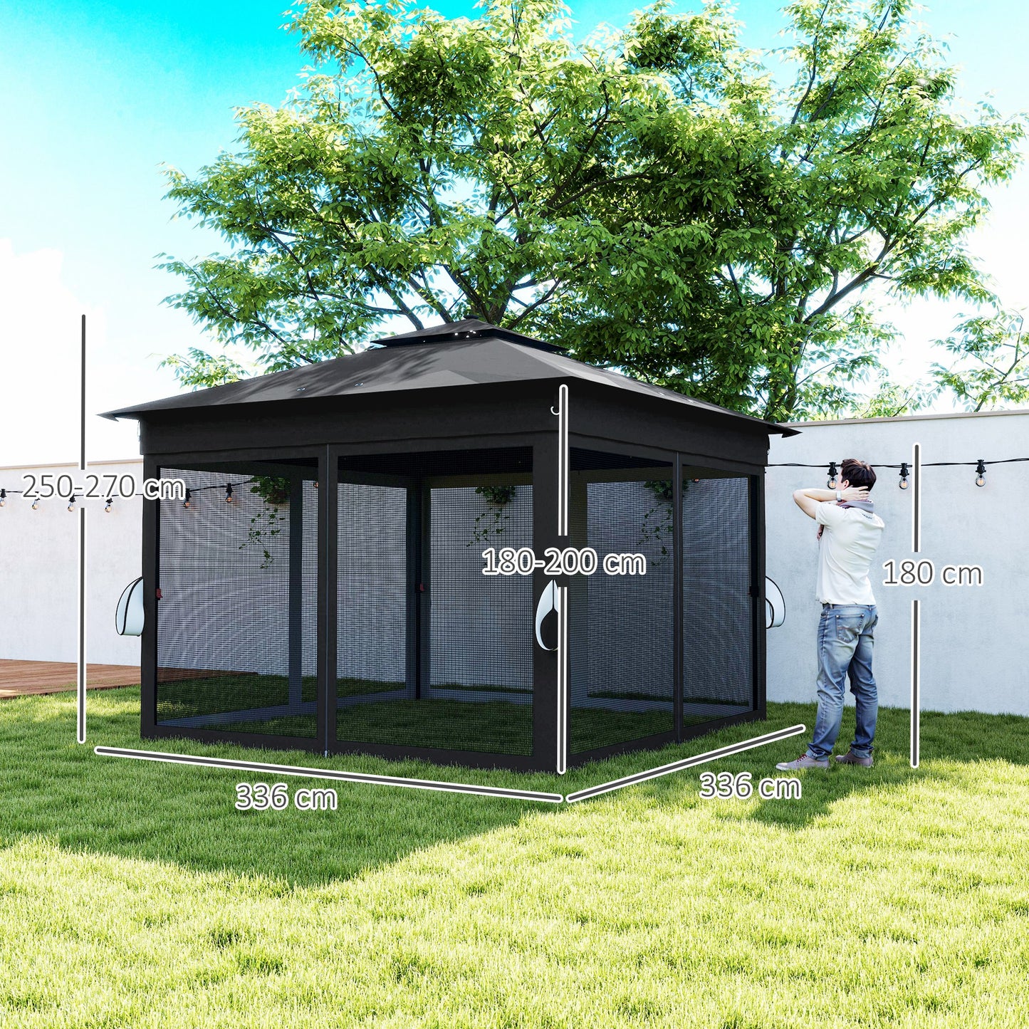 3.36 x 3.36m Pop Up Gazebo Party Tent with Solar-Powered LED Lights, Adjustable Event Shelter with Netting, Black