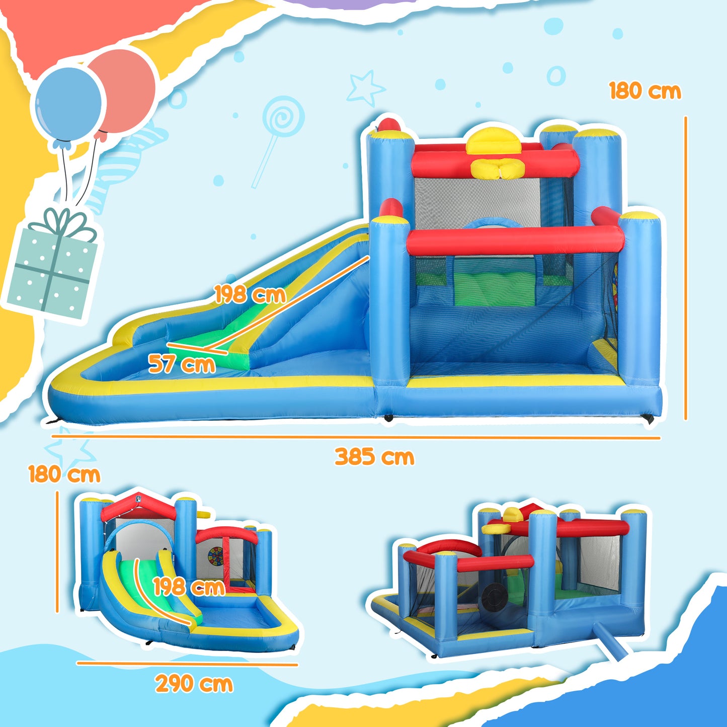 Inflatable Bouncy Castle with 550W Blower, Basketball Hoop, Long Slide, Dart Board, Carrying Bag, 385 x 290 x 180 cm