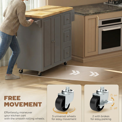 Kitchen Island on Wheels, Rolling Kitchen Storage Trolley with Drop Leaf, Drawers, Towel and Spice Rack, Grey