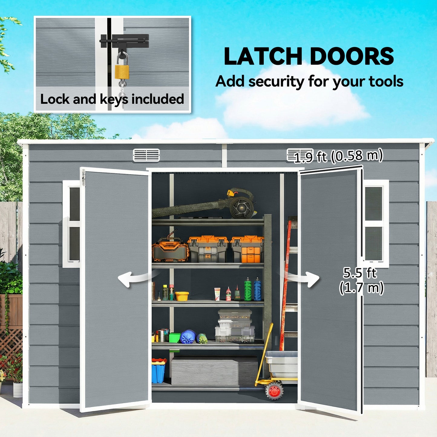 10 x 4 ft Resin Garden Shed, Outdoor Storage Shed with Floor, Windows, Lockable Doors and Vents, Grey