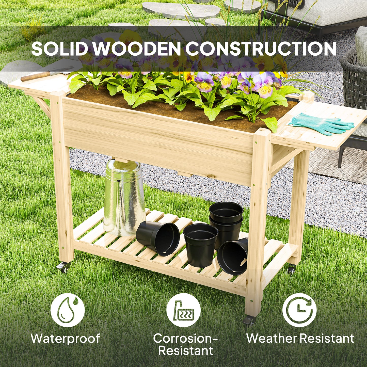 46 x 94cm Wooden Raised Planter, with Shelves - Natural Finish