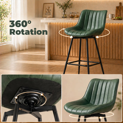 Set of 2 PU Leather Swivel Bar Stools - Dark Green