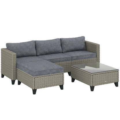 5-Piece Rattan Patio Furniture Set with Corner Sofa, Footstools, Coffee Table, for Poolside, Dark Grey