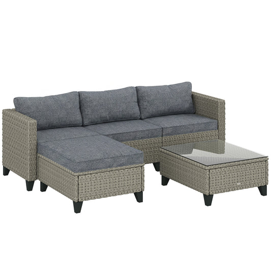 5-Piece Rattan Patio Furniture Set with Corner Sofa, Footstools, Coffee Table, for Poolside, Dark Grey