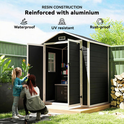 6'x4.5' Garden Storage Shed, Lockable Garden Shed with Double Doors, Window, Vent and Plastic Roof, Black