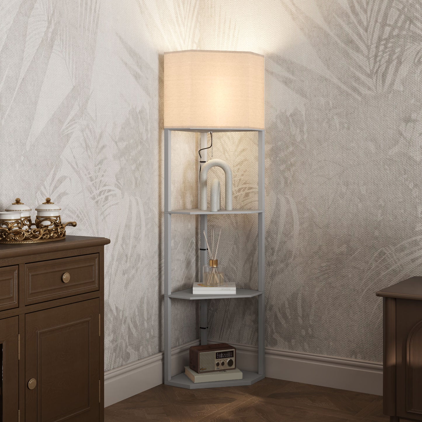 Corner Floor Lamp with Shelves, Tall Standing Lamps for Living Room, with Pull Chain Switch Bulb not Included, Grey