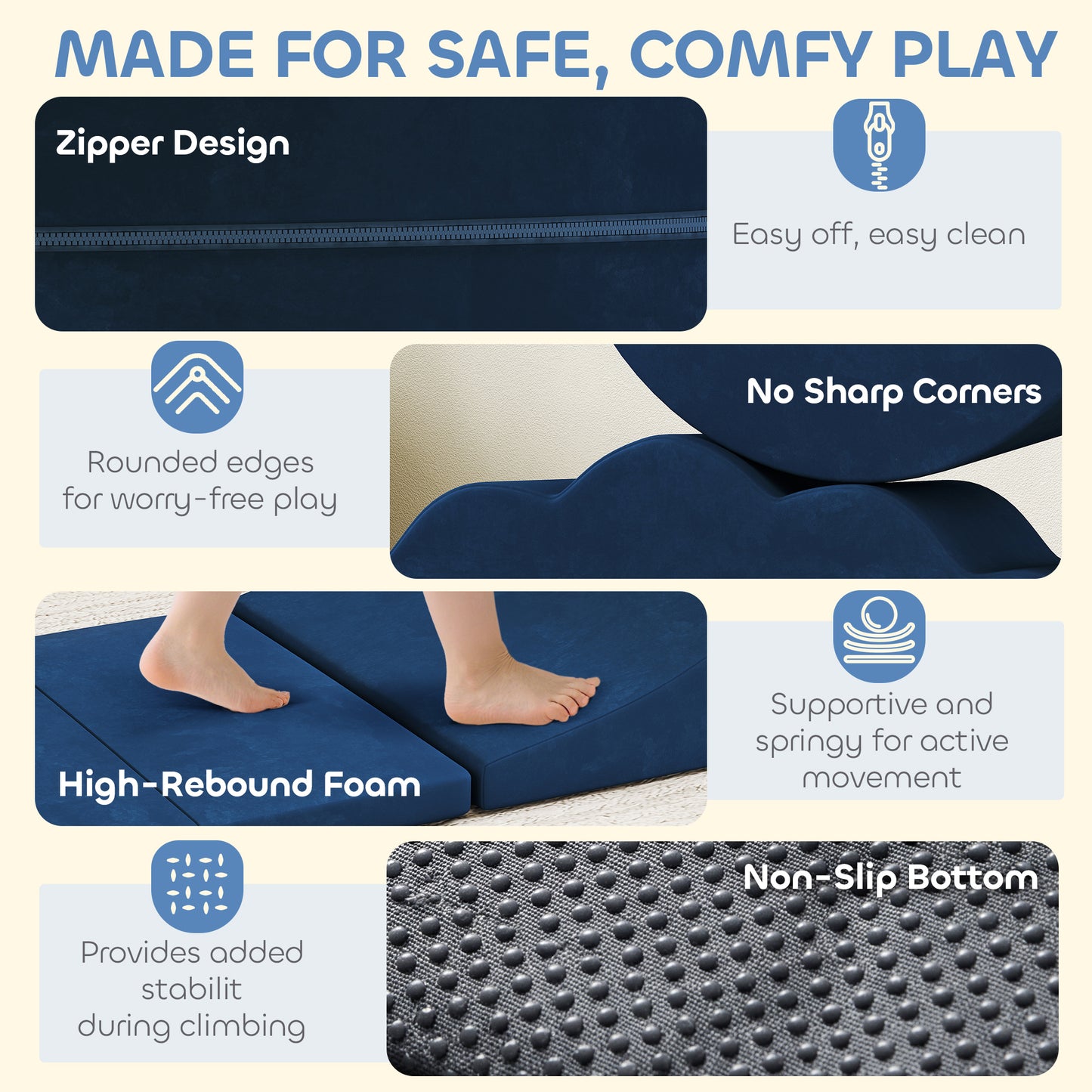 7 Piece Kids Soft Play Set with Detachable Cover, Baby Indoor Climb and Crawl Foam Toy for Toddlers, Dark Blue