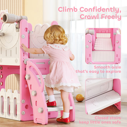 7 in 1 Toddler Slide Set with Basketball Hoop, Climbing Frame, Telescope, Drawing Board, Storage Box, Pink