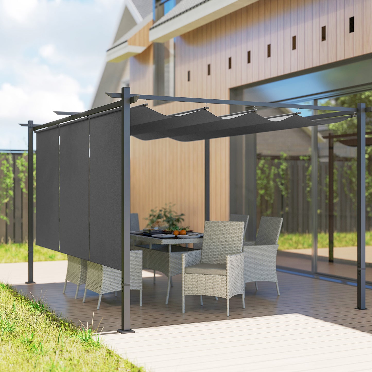 3 x 4m Metal Pergola with Retractable Roof and Roller Shade, Free Standing Garden Gazebo Canopy Pergola Kit