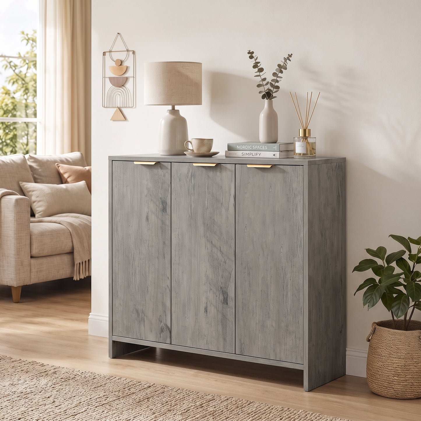 Sideboard Cabinet, Modern Storage Cabinet with 3 Doors and Adjustable Shelves for Living Room, Dining Room, Grey