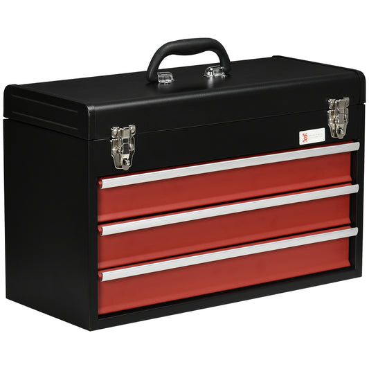 3 Drawer Tool Chest, Lockable Metal Tool Box with Ball Bearing Runners, Portable Toolbox, 510mm x 220mm x 320mm, Black