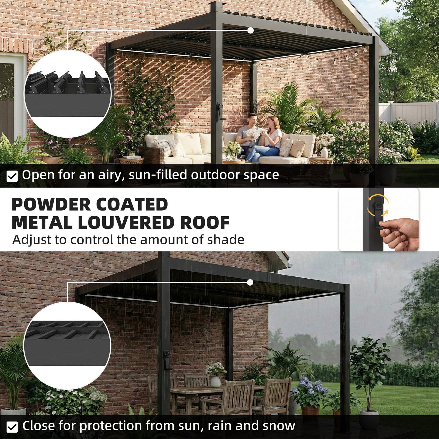 3 x 3 m Louvered Pergola with Solar LED lights, Metal Roof, Patio Gazebo Pergola Canopy with Drainage Gutters, Black