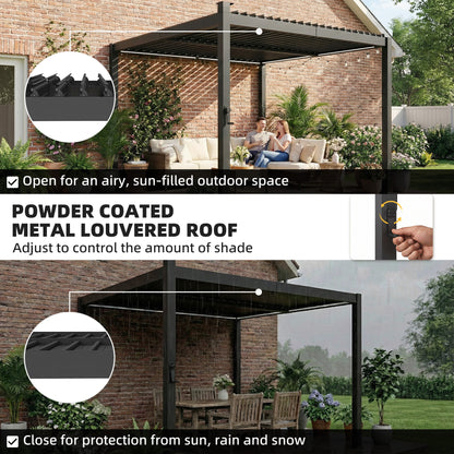 3 x 3 m Louvered Pergola with Solar LED lights, Metal Roof, Patio Gazebo Pergola Canopy with Drainage Gutters, Black