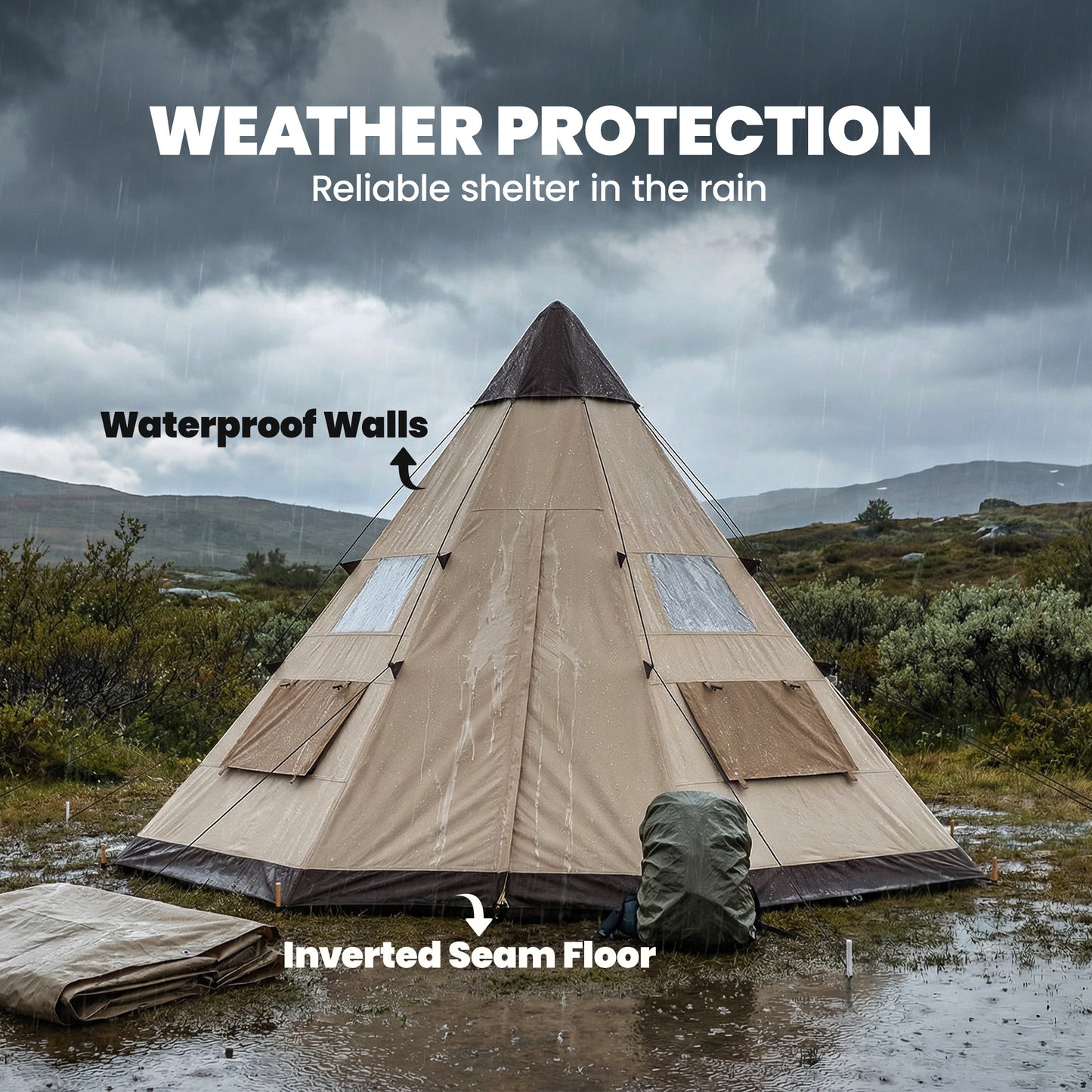 6 Men Tipi Tent with Carry Bag - Khaki