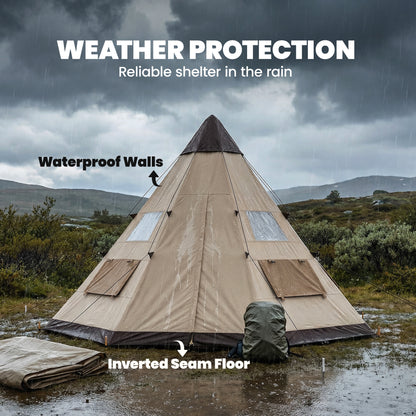 6 Men Tipi Tent with Carry Bag - Khaki