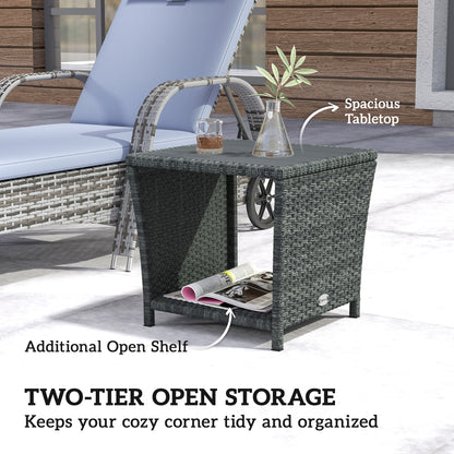 Side Table 2-Tier Outdoor Coffee Table with Storage Shelf PS Wood Slat Top/Grey