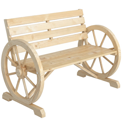 Wagon Wheel Chair Bench Armrest Rustic Loveseat Wood Outdoor Garden, Natural
