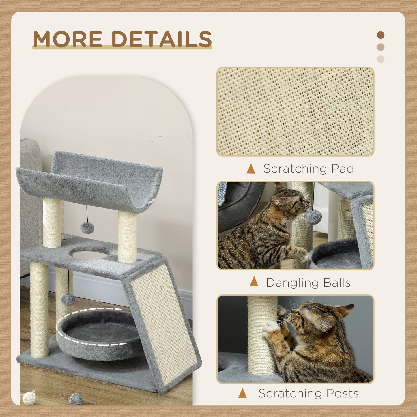Cat Tree Tower, with Scratching Posts, Pad, Bed, Perch, Toy Ball - Light Grey