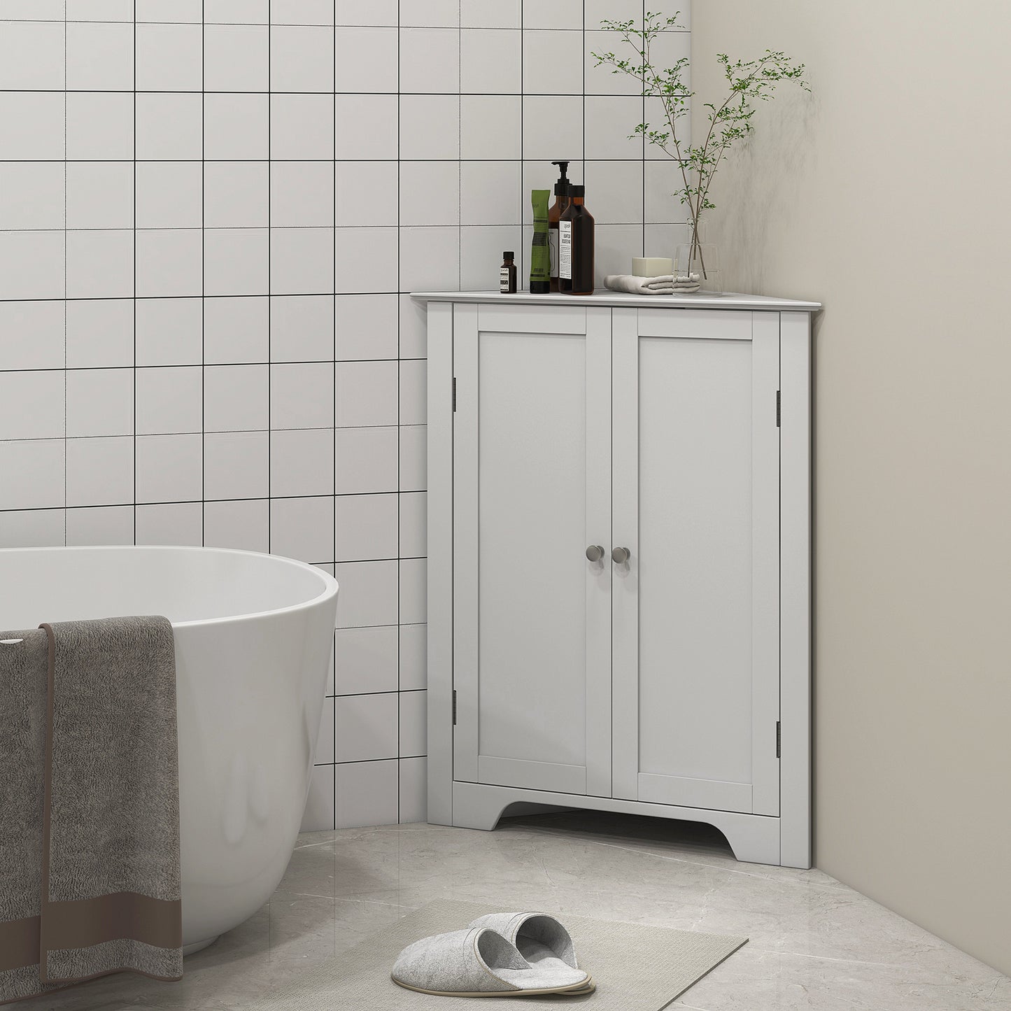 Corner Cabinet, Triangle Bathroom Storage Cabinet with Adjustable Shelf and Recessed Door, Free Standing, White