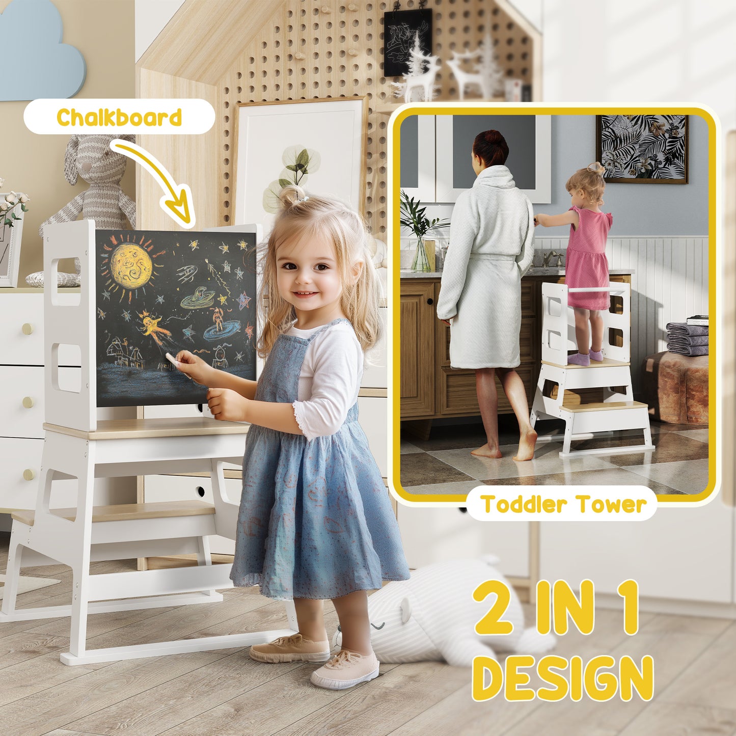 2-in-1 Toddler Tower with Chalkboard, Safety Rail for Kitchen, Counter, Bathroom, Sink, White