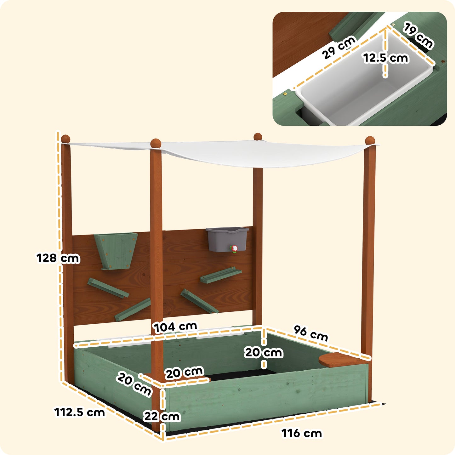 Wood Sandpit with Canopy, Storage Bins, Funnel, Liner, Chutes, Bucket with Tap, 116 x 112.5 x 128 cm, Green