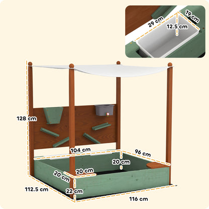Wood Sandpit with Canopy, Storage Bins, Funnel, Liner, Chutes, Bucket with Tap, 116 x 112.5 x 128 cm, Green