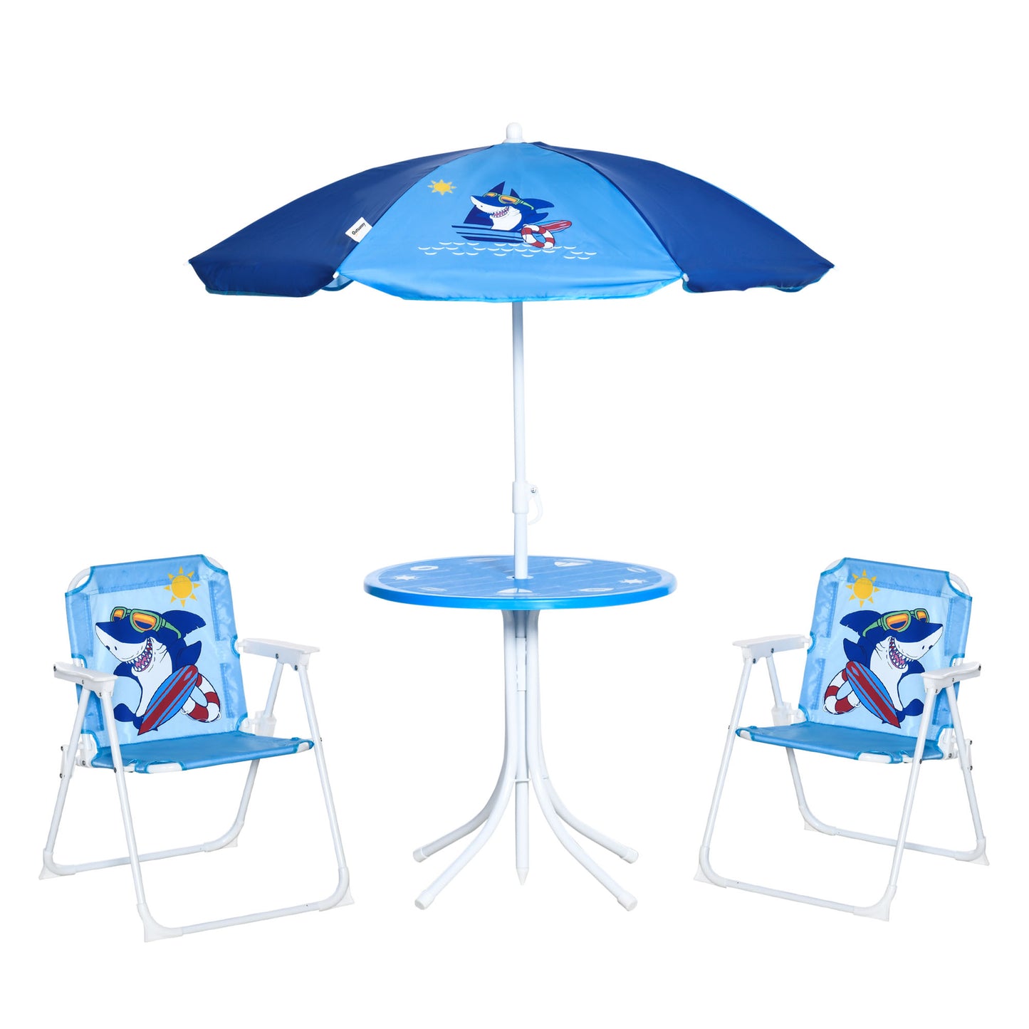 Kids Outdoor Bistro Table and Chair Set, Folding Garden Furniture w/ Shark Design, Removable, Adjustable Sun Umbrella