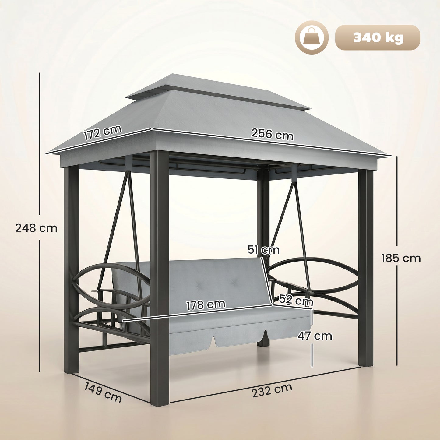 3 Seater Swing Chair 3-in-1 Convertible Garden Swing Seat Bed Gazebo Patio Bench Outdoor with Double Tier Canopy