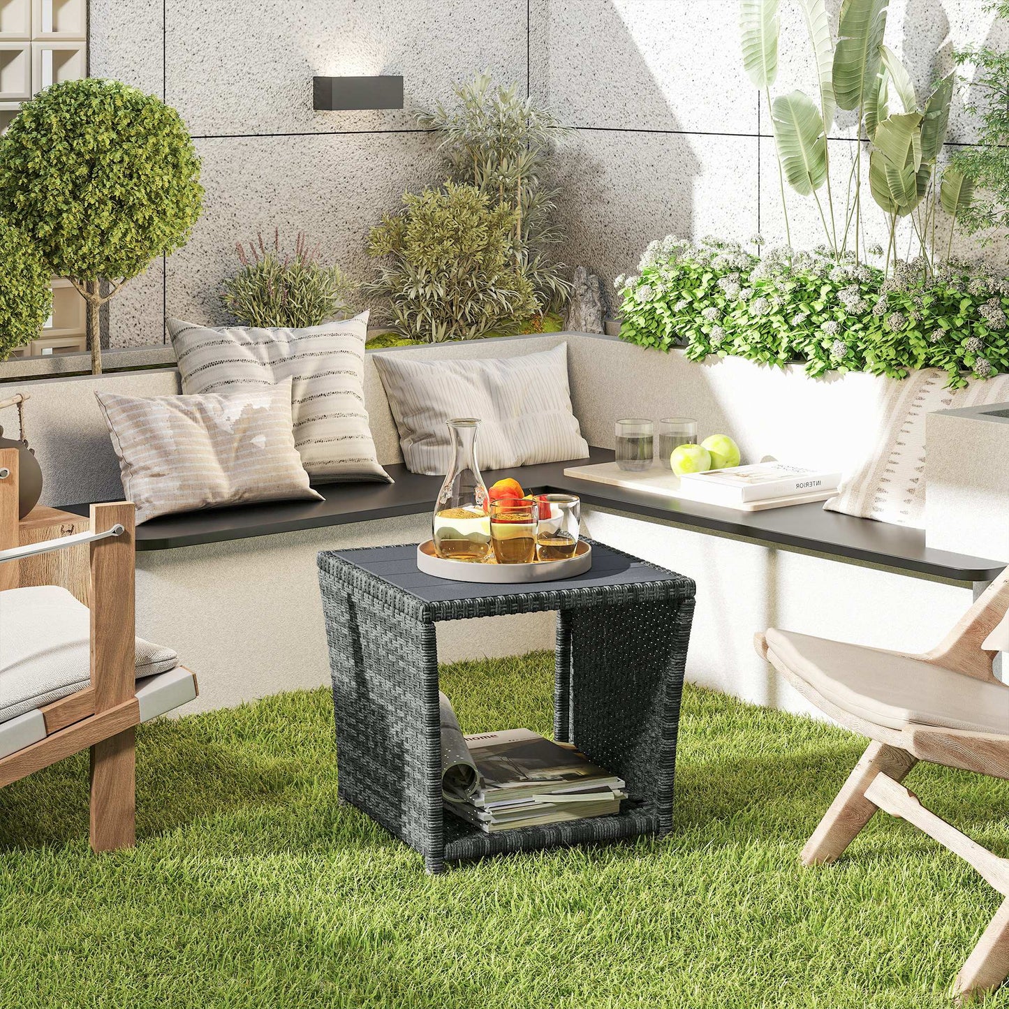 Side Table 2-Tier Outdoor Coffee Table with Storage Shelf PS Wood Slat Top/Grey