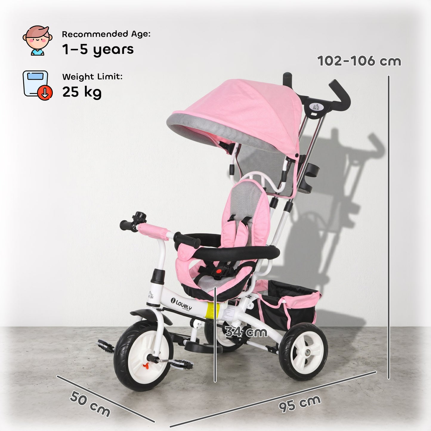 6 in 1 Kids Trike Push Bike w/ Push Handle, Canopy, 5-point Seat Belt, Storage, Footrest, Brake, for 1-5 Years, Pink