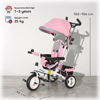 6 in 1 Kids Trike Push Bike w/ Push Handle, Canopy, 5-point Seat Belt, Storage, Footrest, Brake, for 1-5 Years, Pink