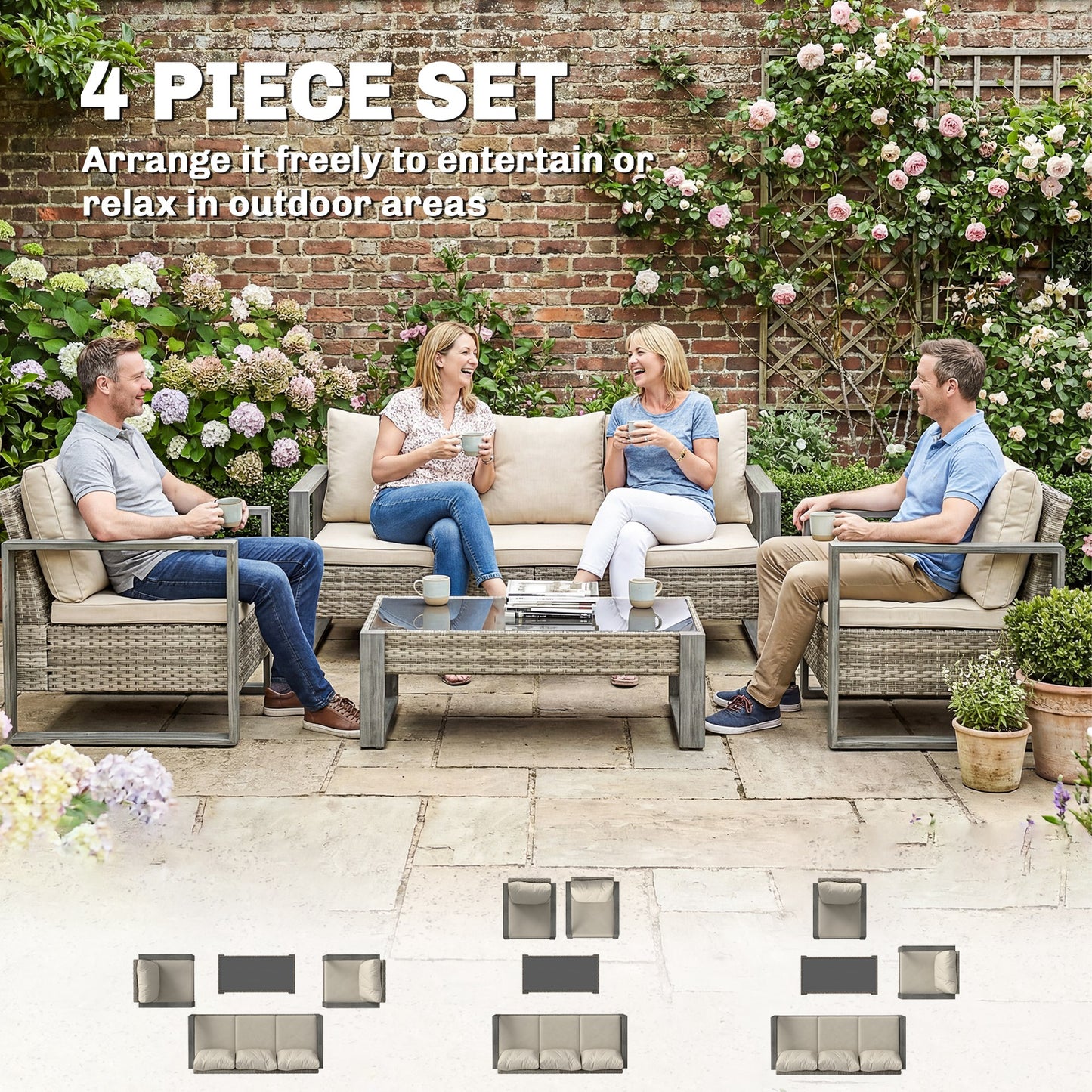 Rattan Garden Set, 4 Piece Rattan Garden Furniture Set with 3-Seater Sofa, Armchairs, Table, Aluminium Frame Patio Furniture
