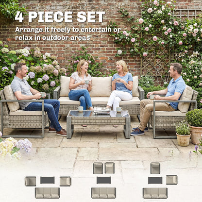Rattan Garden Set, 4 Piece Rattan Garden Furniture Set with 3-Seater Sofa, Armchairs, Table, Aluminium Frame Patio Furniture