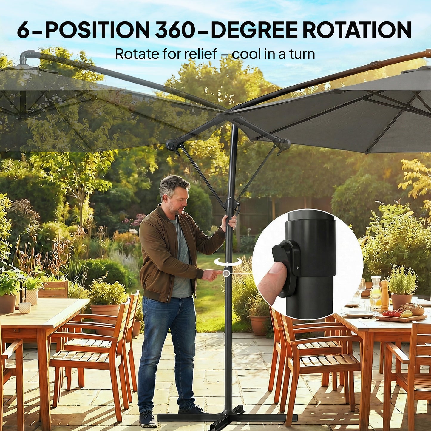 3 m Garden Cantilever Parasol with Cover, Round Overhanging Umbrella with 360° Rotation, Tilt, Grey