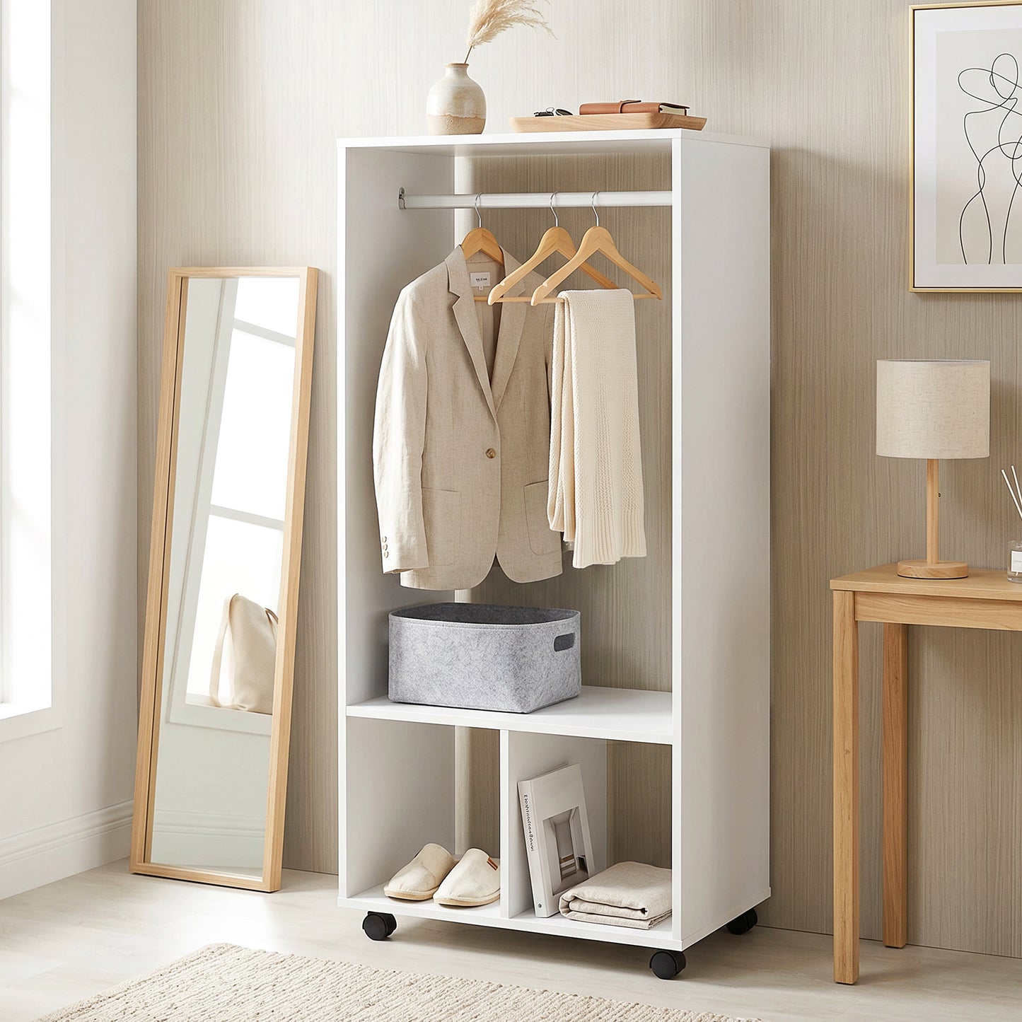 Open Wardrobe on Wheels, Bedroom Wardrobe with Clothes Hanging Rail, 2 Storage Shelves, Mobile Garment Rack for Cloakroom