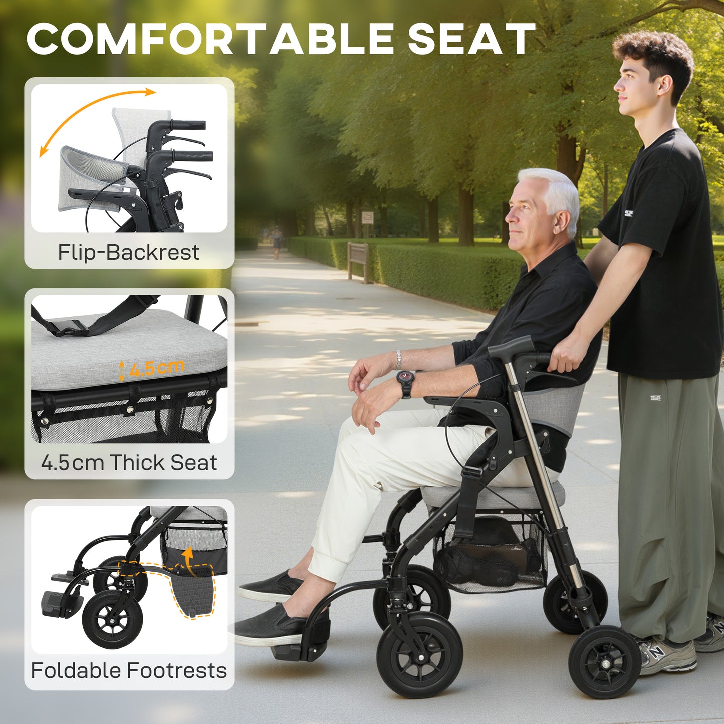 Rollator Walker Wheelchair, with Seat - Grey